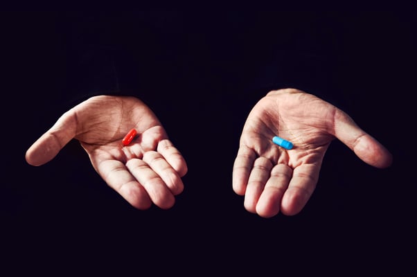 Red Pill Blue Pill concept. The right choice the concept of the movie matrix. The choice of tablets